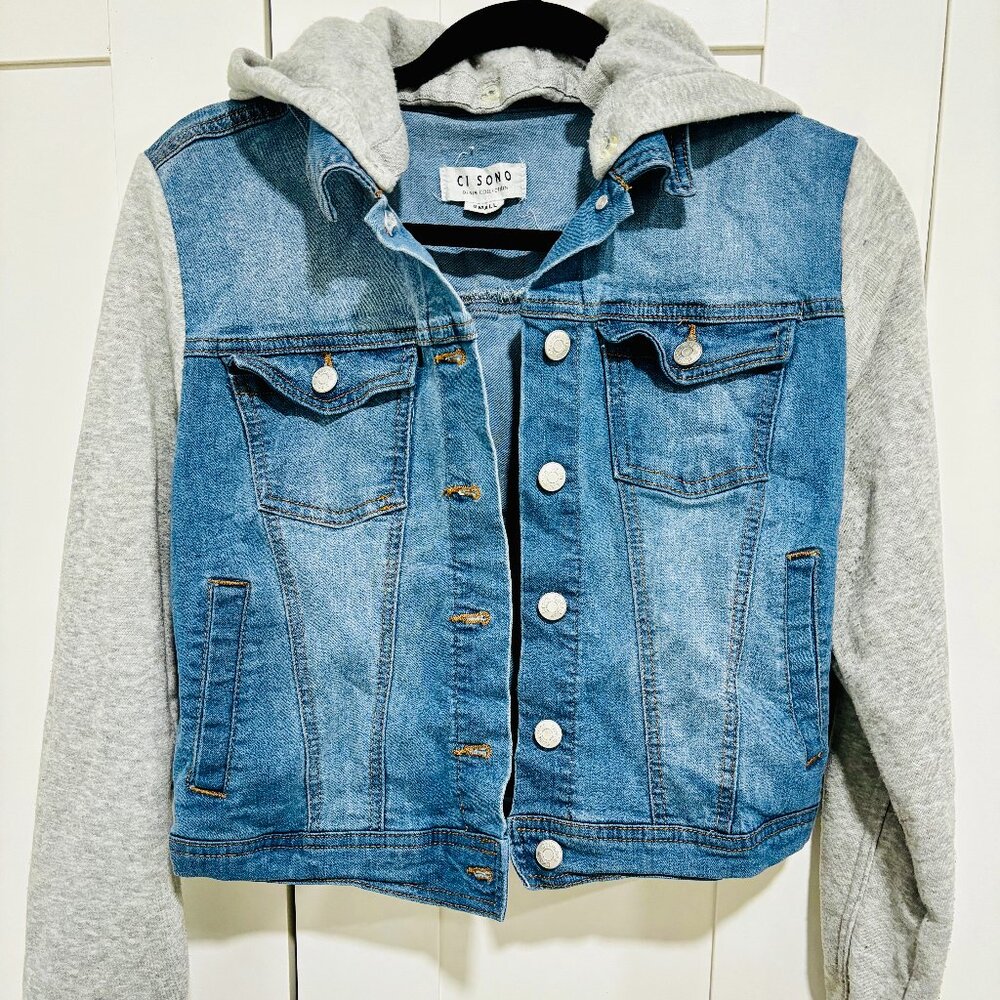 Women's jean jacket with sweater hood, size small, NWOT